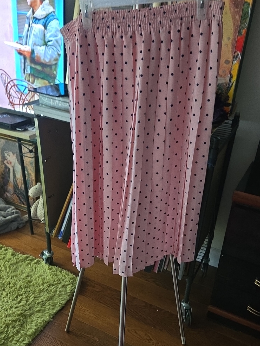 Pink Polka Dot Midi Skirt with Elastic Waist